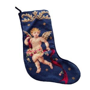 Vtg 1991 Imperial Elegance Wool Needlepoint Angel Christmas Stocking 16" Velvet